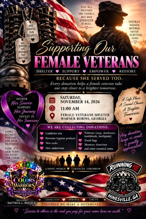 Flyer for the Supporting Our Female Veterans donation drive on November 14, 2026 in Warner Robins, Georgia