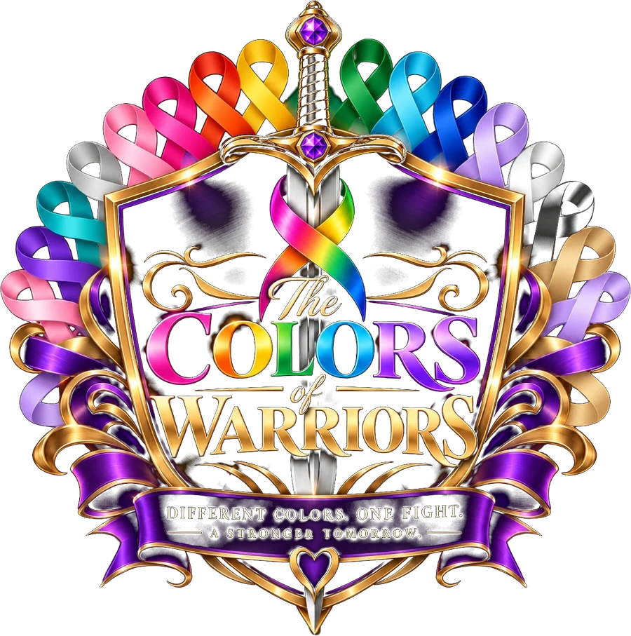 The Colors of Warriors crest: a sword and shield ringed with awareness ribbons