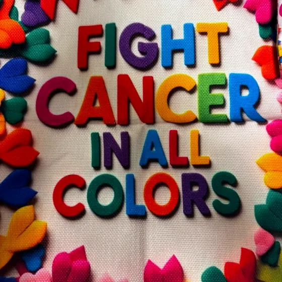 A bag reading Fight Cancer In All Colors, surrounded by felt ribbons in every color